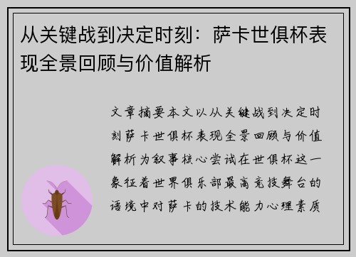 从关键战到决定时刻：萨卡世俱杯表现全景回顾与价值解析