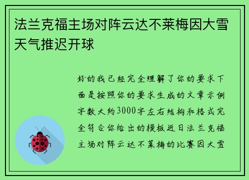 法兰克福主场对阵云达不莱梅因大雪天气推迟开球 法兰克福主场对阵云达不莱梅因大雪天气推迟开球